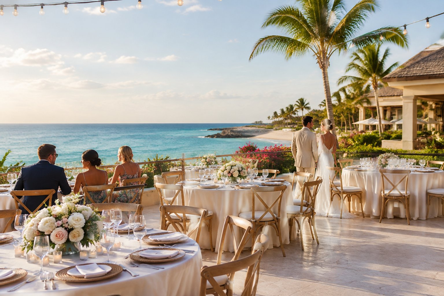 An elegant seaside wedding reception at a tropical resort with decorated tables, palm trees, and guests near the ocean.