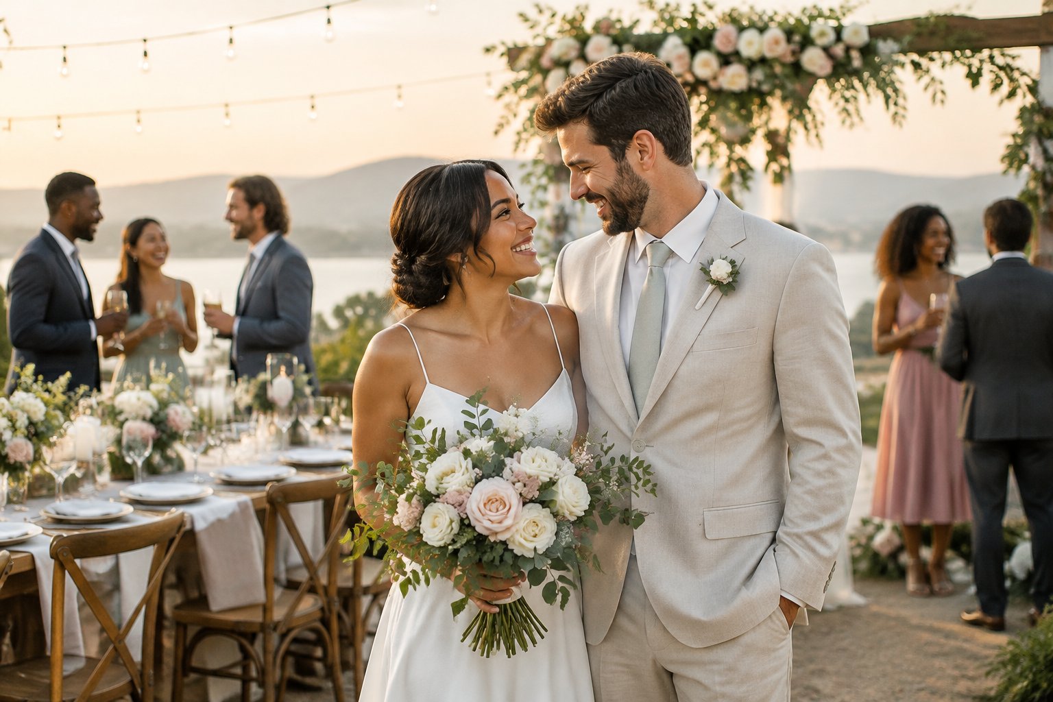 A newlywed couple celebrates with guests at an elegant outdoor wedding reception.