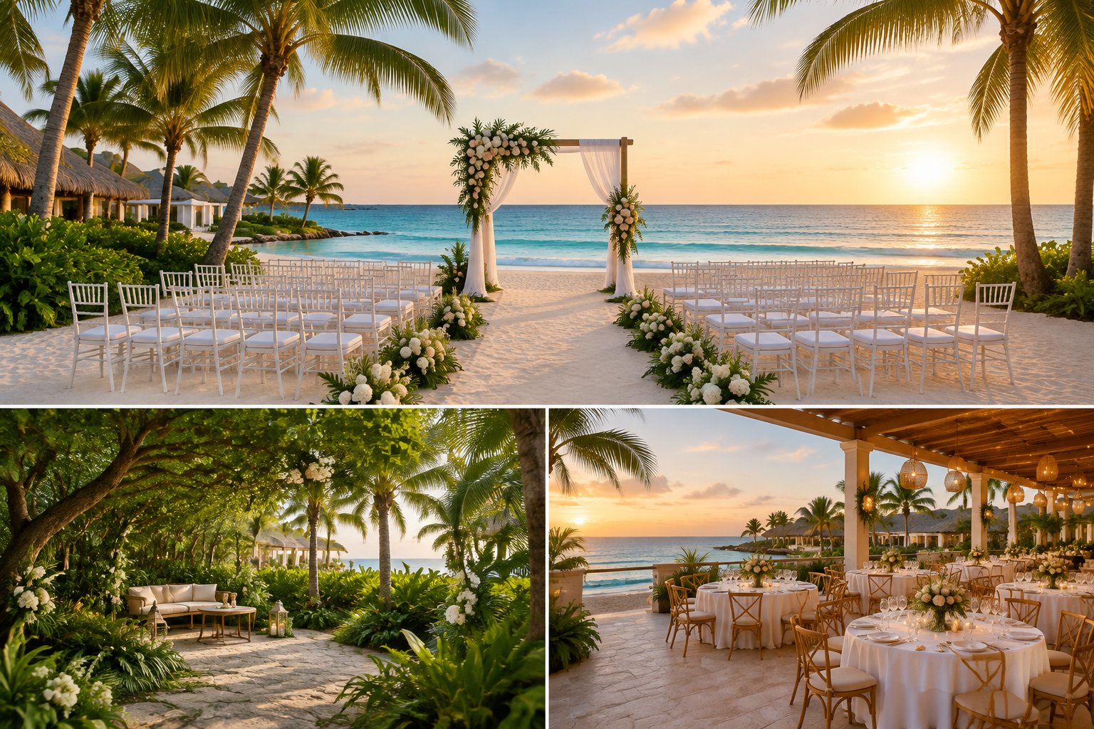 A tropical beachfront wedding ceremony area at a Punta Cana resort with white chairs, flowers, palm trees, and the ocean.