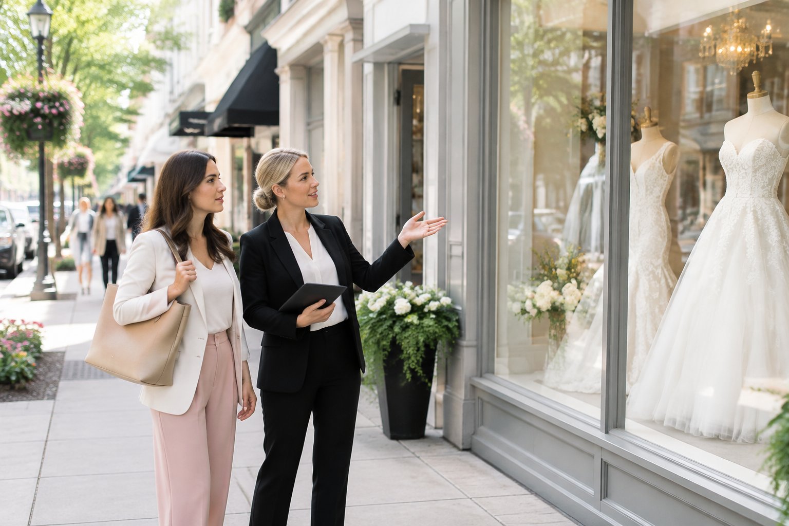 Two people assess a potential bridal boutique location outside an elegant storefront.