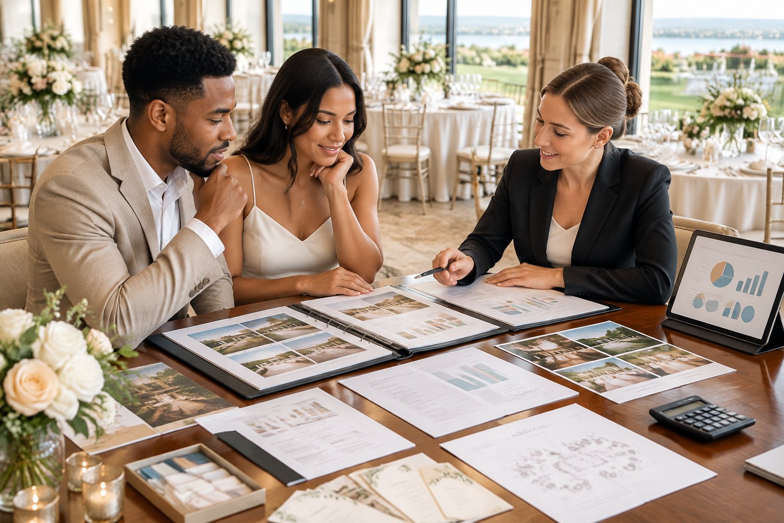 A couple and a wedding planner compare venue proposals and pricing documents at a table in an elegant wedding venue.