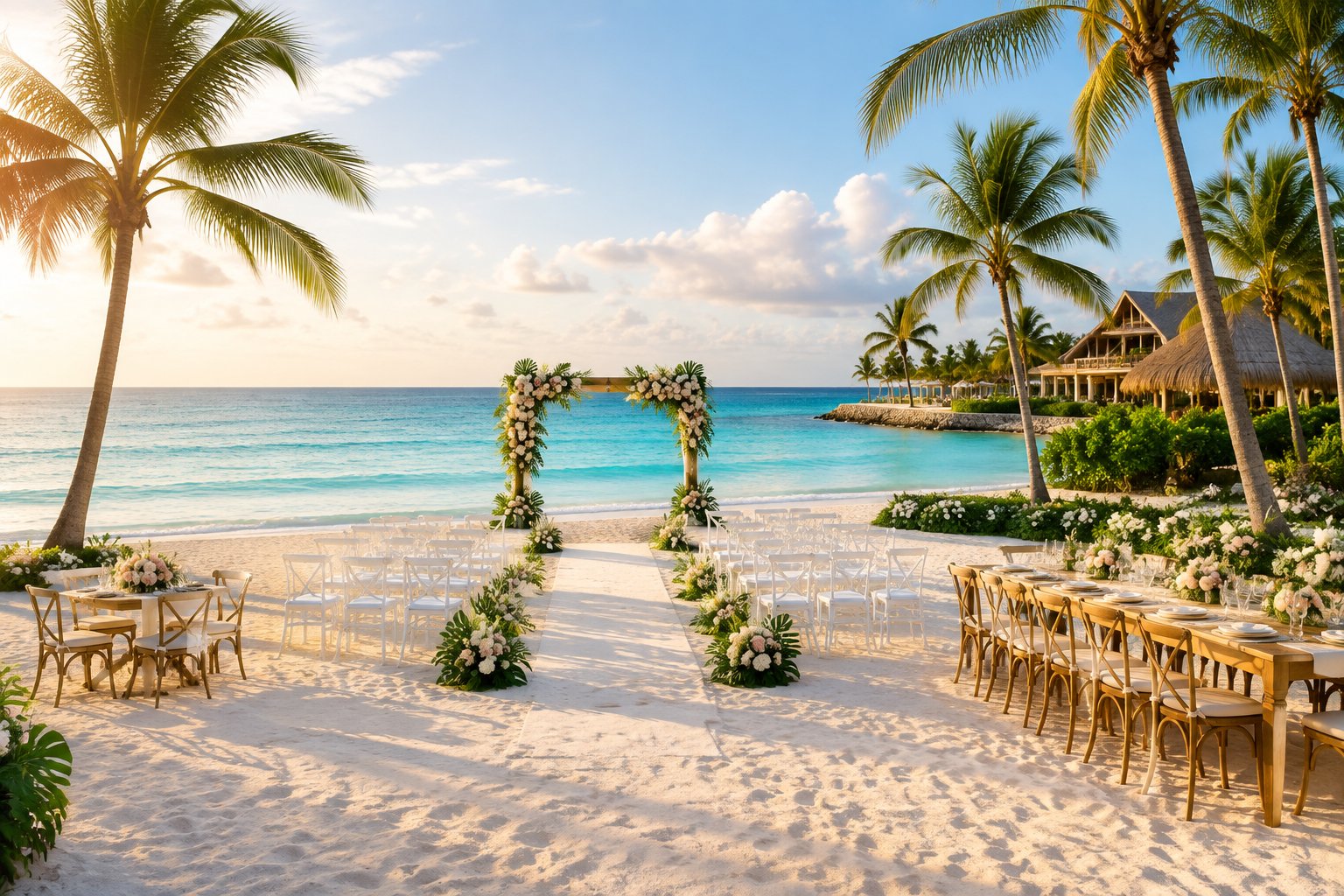A tropical beach resort wedding setup with a floral arch, ceremony chairs, and reception tables overlooking the ocean.