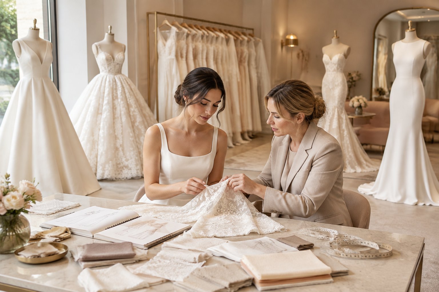 A bride-to-be discusses wedding gown details with a bridal consultant in an elegant boutique.