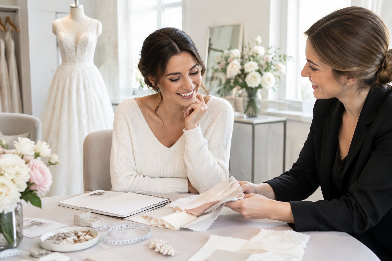 A bride-to-be meets with a bridal consultant in a boutique while reviewing wedding preparations.