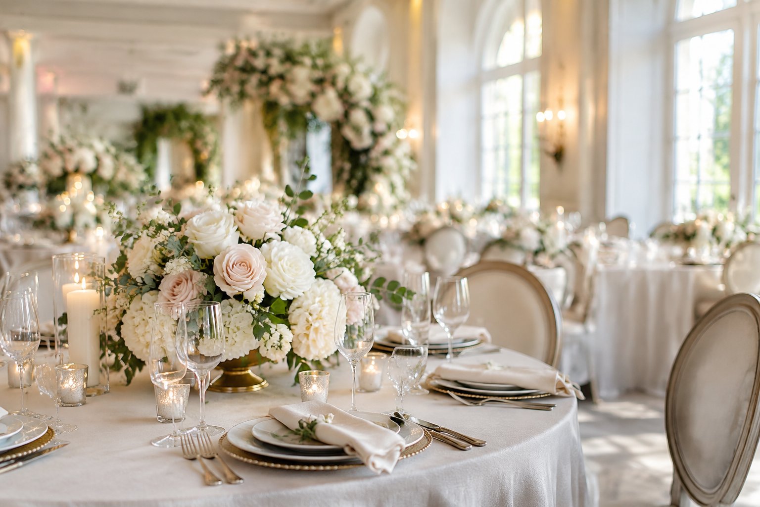 An elegant wedding reception table decorated with flowers, candles, and polished tableware.