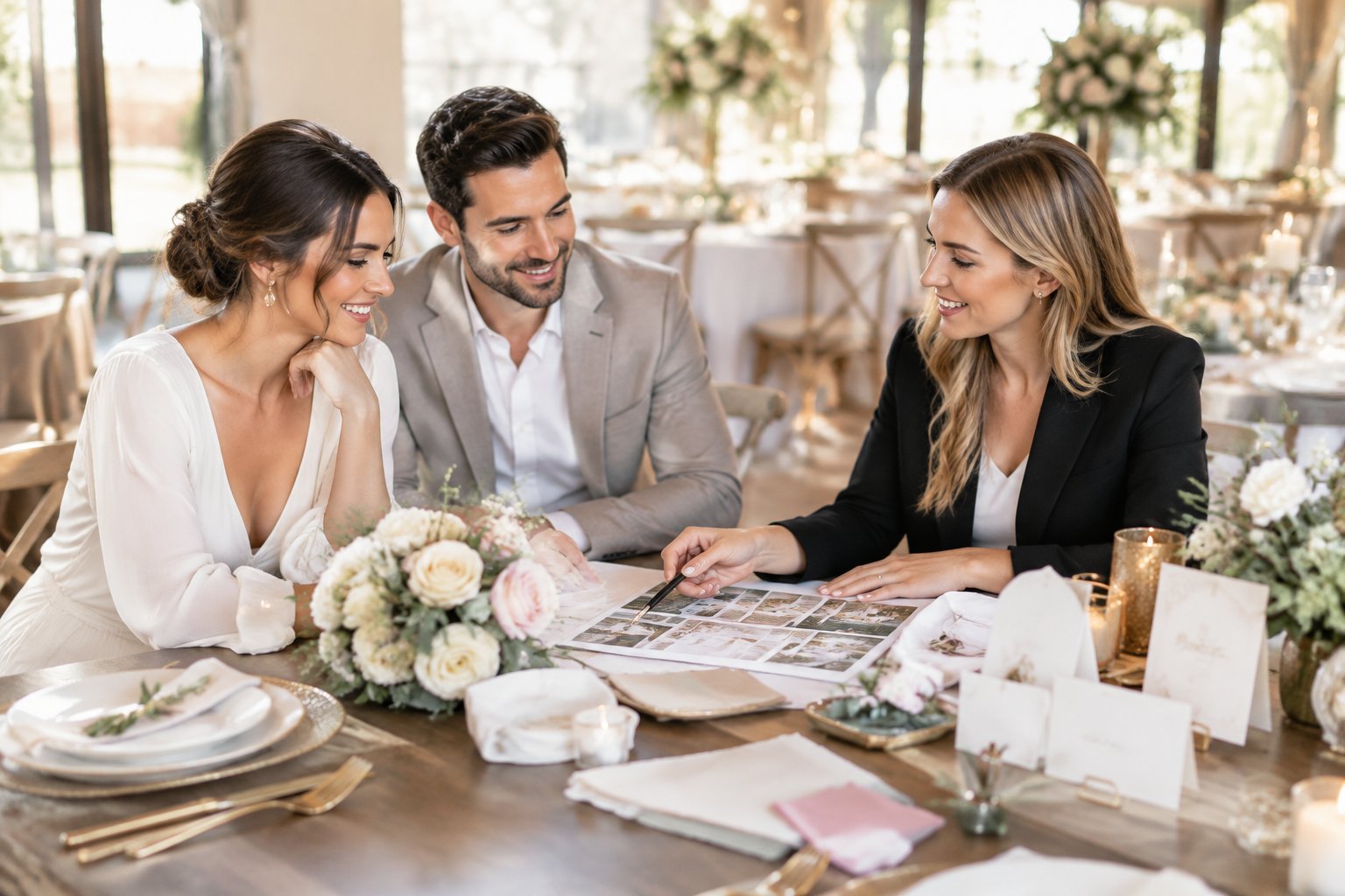 A happy couple discusses wedding plans with a professional planner at an elegant reception venue.