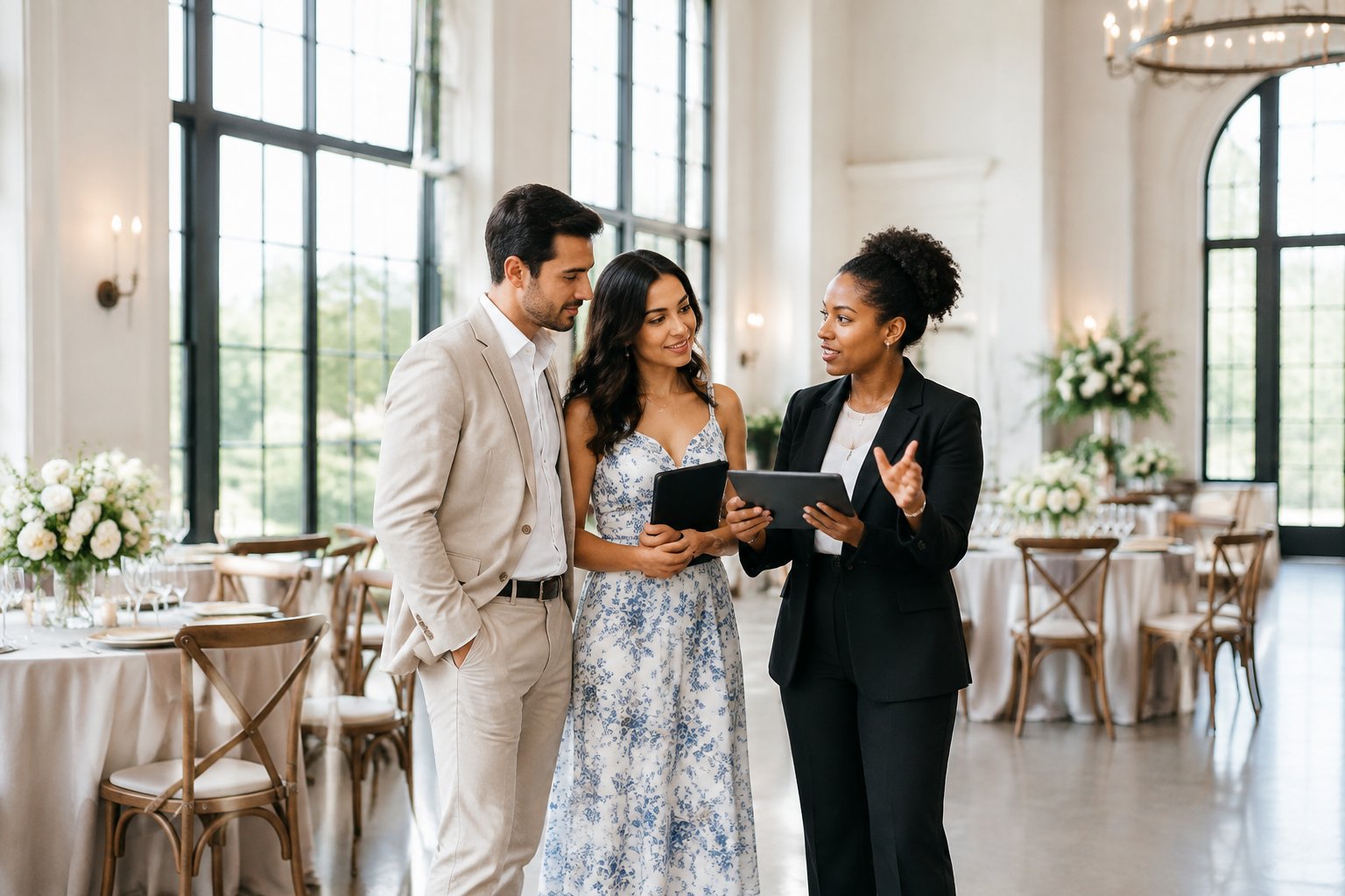 An engaged couple tours an elegant wedding venue with a coordinator.