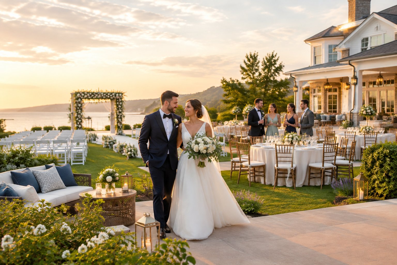 An elegant wedding venue with an outdoor ceremony setup, decorated reception tables, and a newlywed couple celebrating with guests.