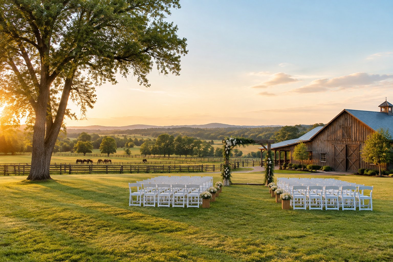 A decorated outdoor wedding ceremony area at a ranch beside a rustic barn and green pasture.