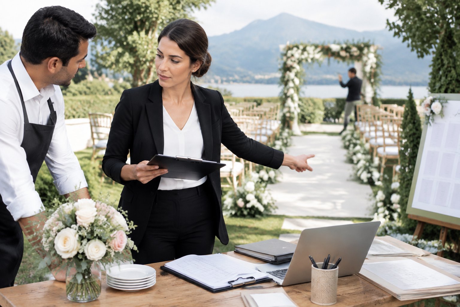 A wedding coordinator organizes vendors and ceremony details at an elegant outdoor wedding venue.
