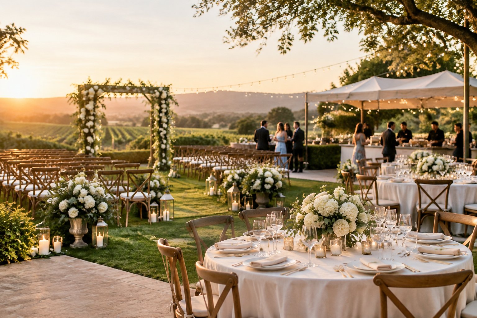 Elegant outdoor wedding venue with decorated tables, floral arrangements, and guests near a reception area.