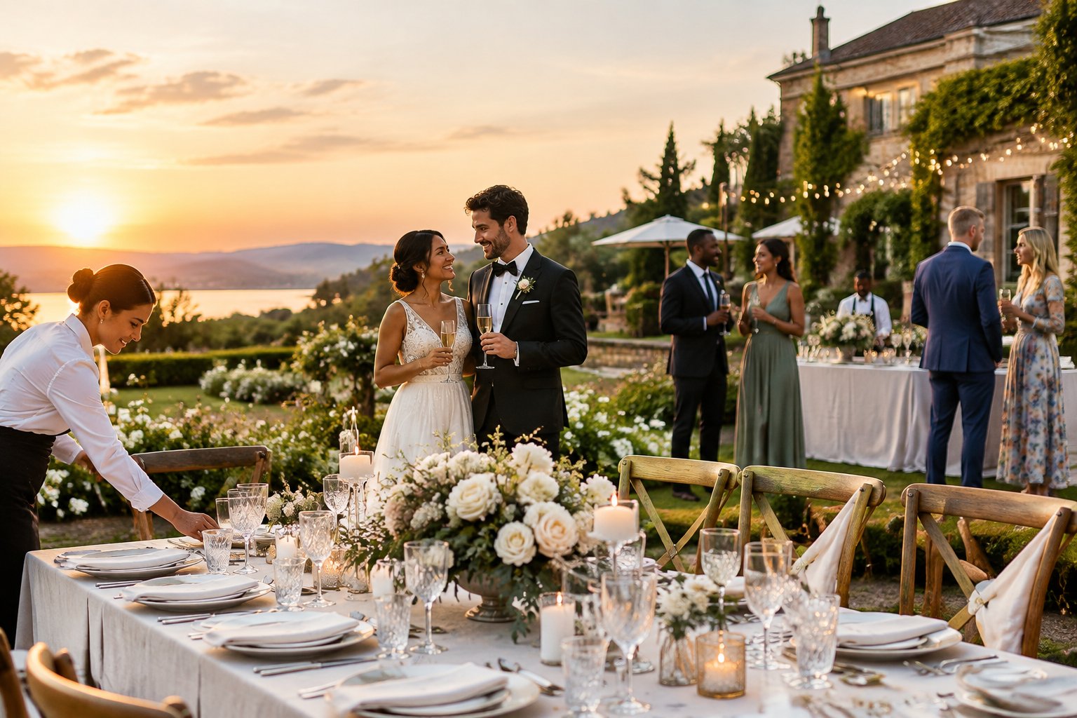 An elegant wedding reception at an outdoor venue with a newlywed couple, guests, and a decorated dining table.