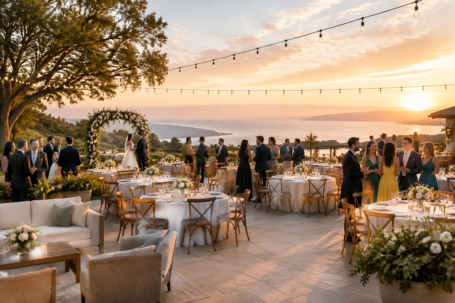 A wedding couple and guests gather at an elegant outdoor venue with decorated tables and a floral ceremony arch.