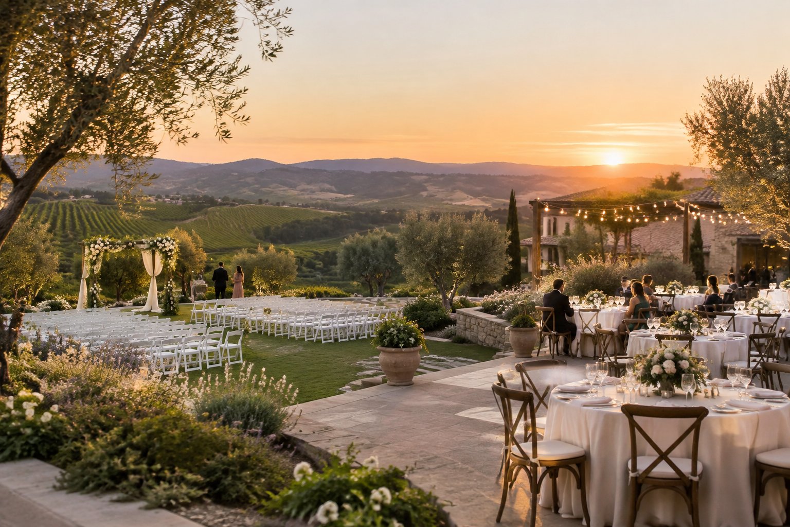 An elegant outdoor wedding venue surrounded by Temecula vineyards, with decorated tables, a flower-covered ceremony arbor, and rolling hills at sunset.