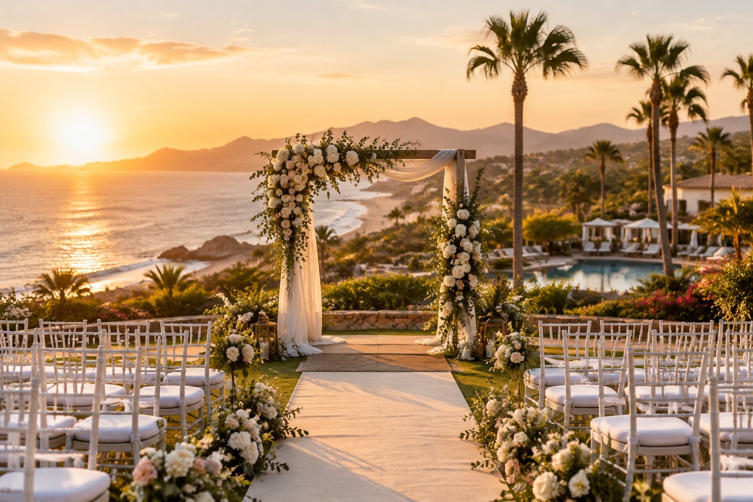 Outdoor destination wedding ceremony at a scenic resort with a floral arch and mountain and coastal views.