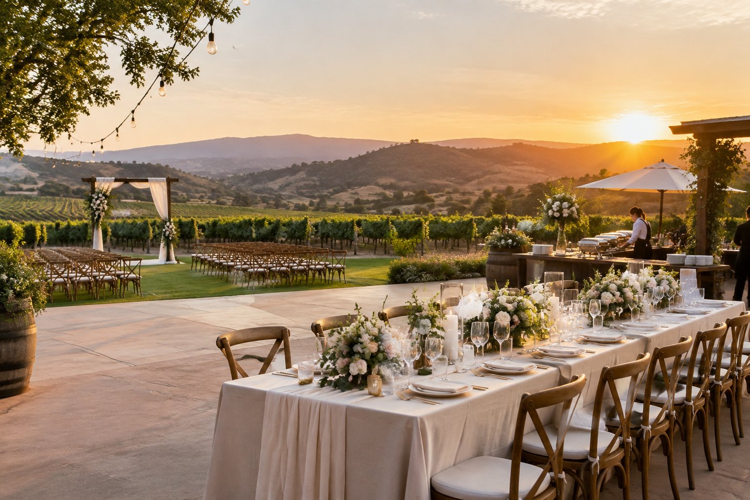 An elegant vineyard wedding venue in Temecula prepared for an outdoor ceremony and reception.