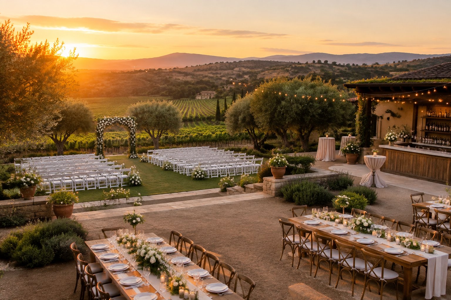 Elegant vineyard wedding venue in Temecula with decorated tables, ceremony chairs, grapevines, and rolling hills at sunset.