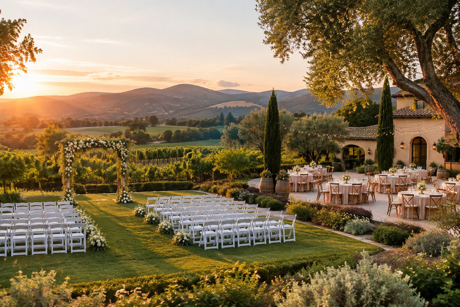Elegant wedding venue with garden ceremony seating, estate architecture, ranch landscaping, and distant hills.