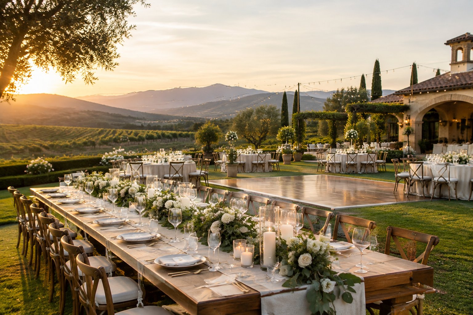 An elegant outdoor wedding reception at a Temecula vineyard estate with banquet tables, floral arrangements, and rolling hills in the background.