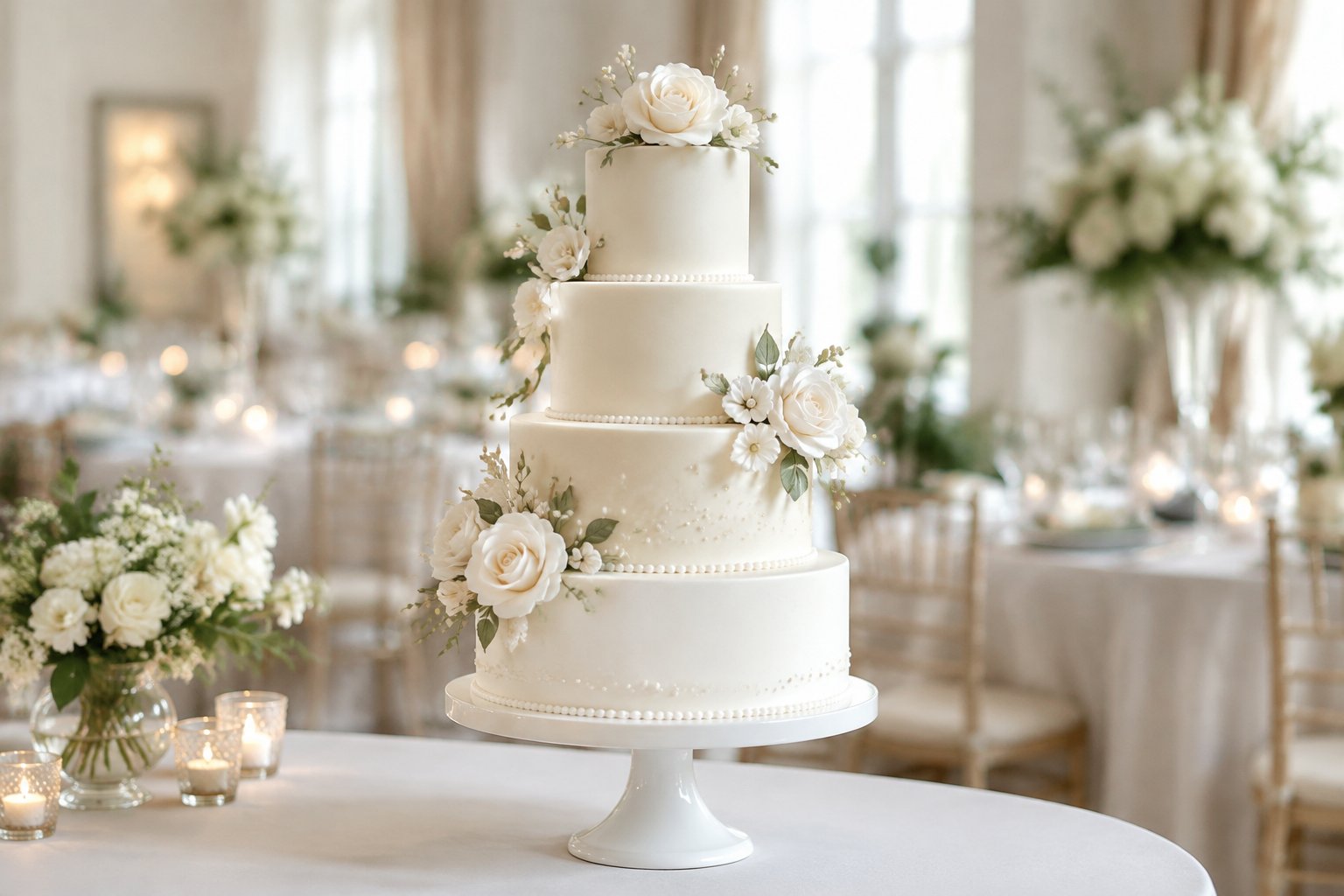 An elegant tiered wedding cake decorated with white flowers on a cake stand at a wedding reception.