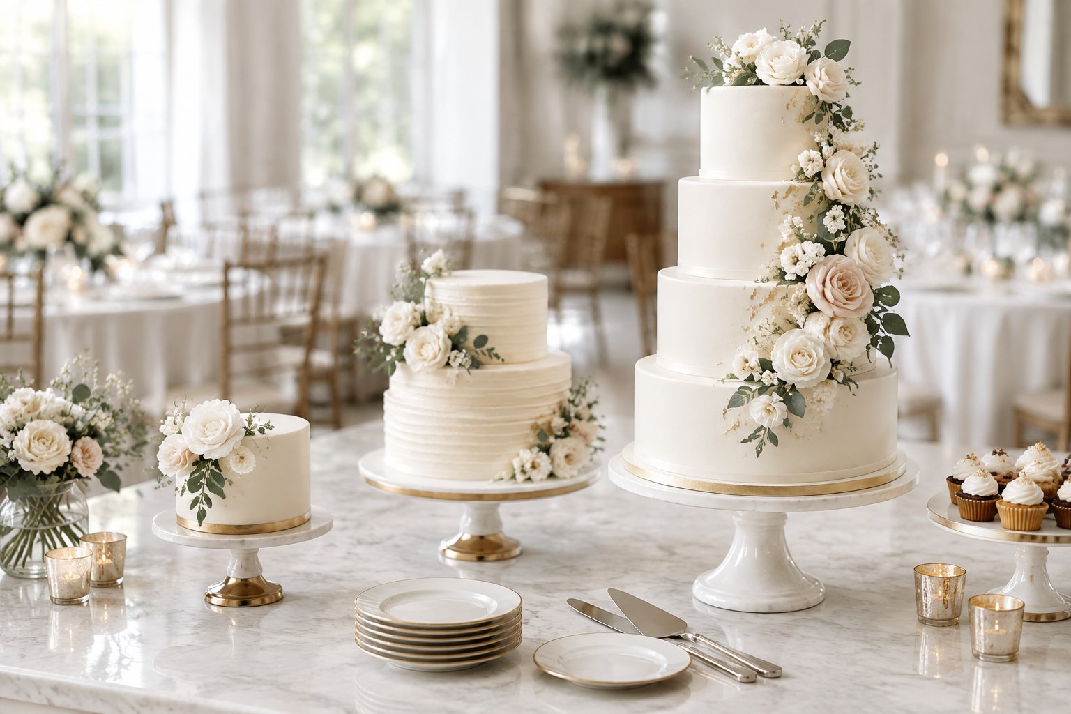 Several wedding cakes in different sizes and formats are displayed on elegant stands.