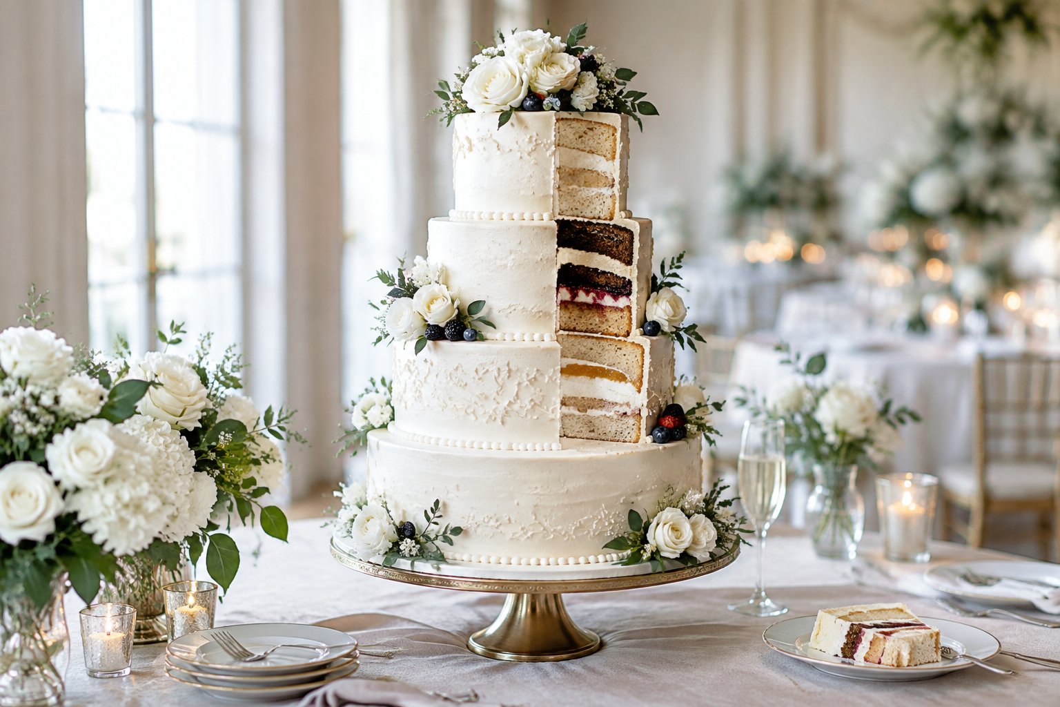 An elegant tiered wedding cake with white frosting, flowers, and visible layers on a decorated reception table.