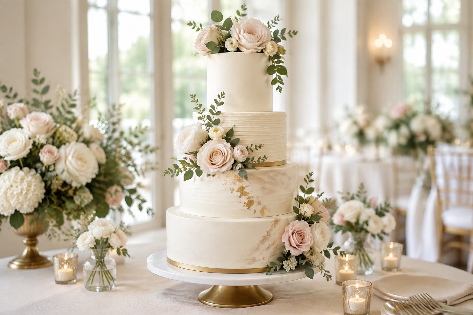 An elegant tiered wedding cake displayed on a decorated reception table.
