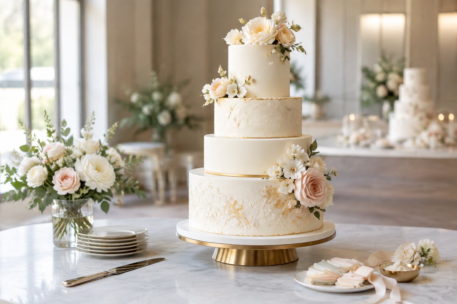 A tiered custom wedding cake displayed on an elegant table with flowers and cake-serving accessories.