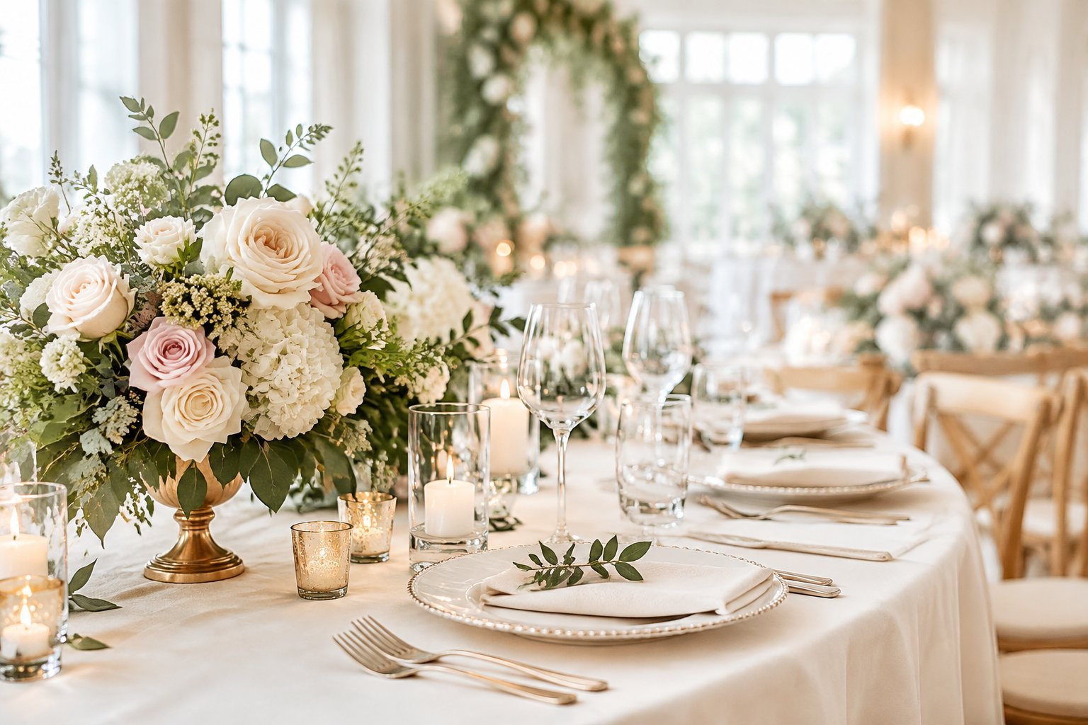 Elegant wedding reception table with flowers, candles, and refined table settings in a bright venue.