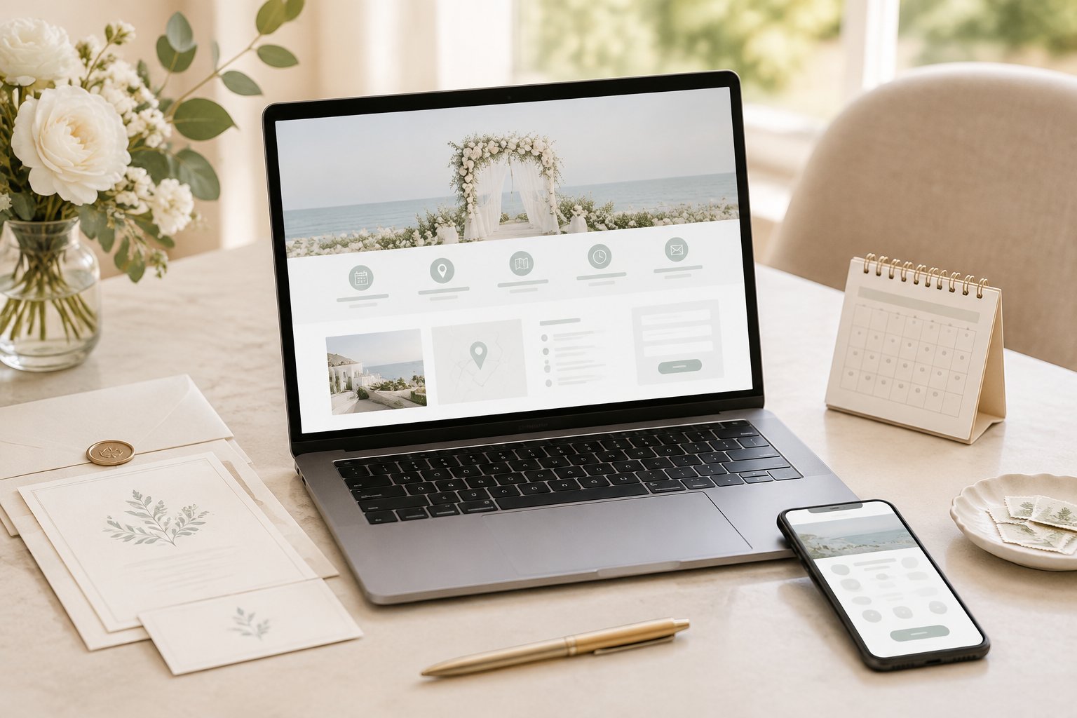 A laptop, wedding stationery, calendar, smartphone, and pen arranged on a bright tabletop.