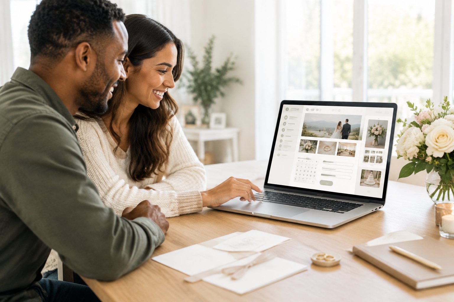 An engaged couple uses a laptop to plan their wedding website at a bright desk surrounded by flowers and wedding details.
