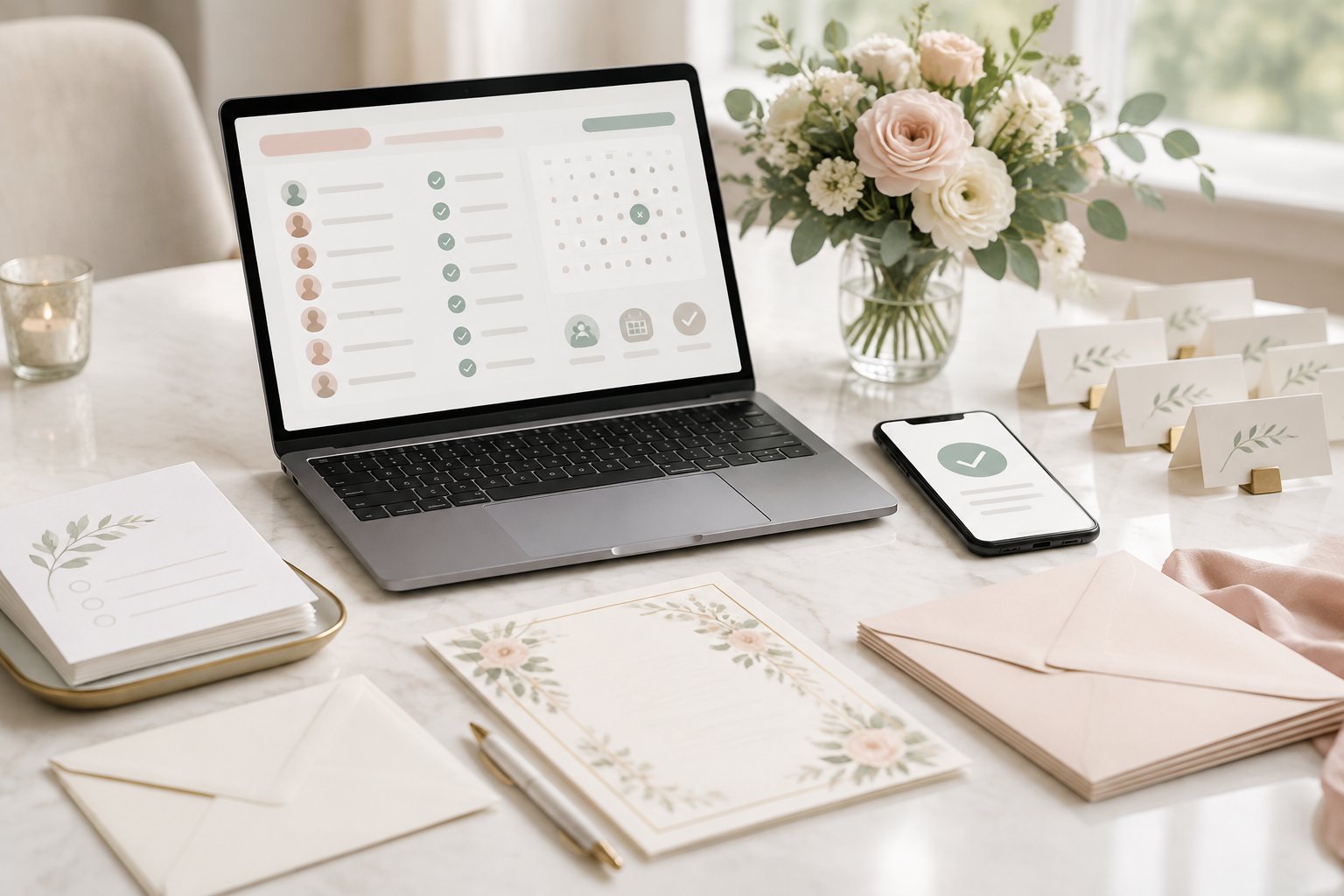 Organized wedding RSVP materials, a laptop, and a smartphone arranged on a bright planning table with flowers.