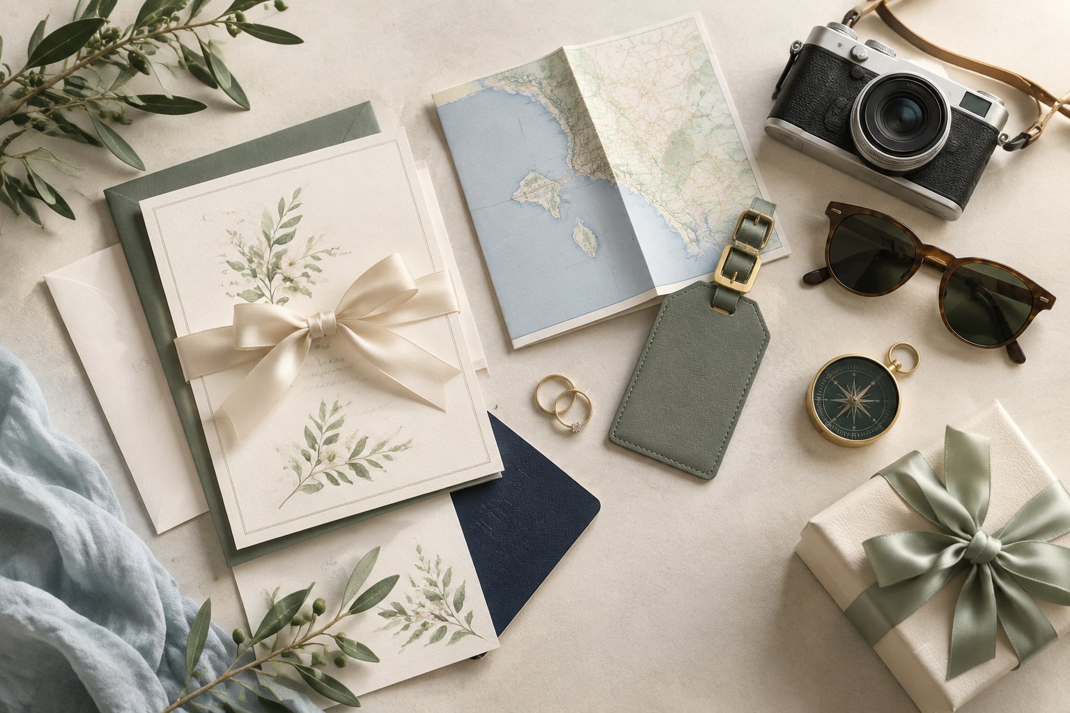 Wedding rings, travel accessories, a map, and a wrapped gift arranged on a neutral surface.