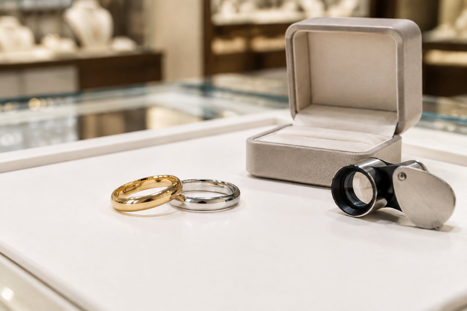 Two wedding bands displayed beside an open ring box on a jeweler’s surface.