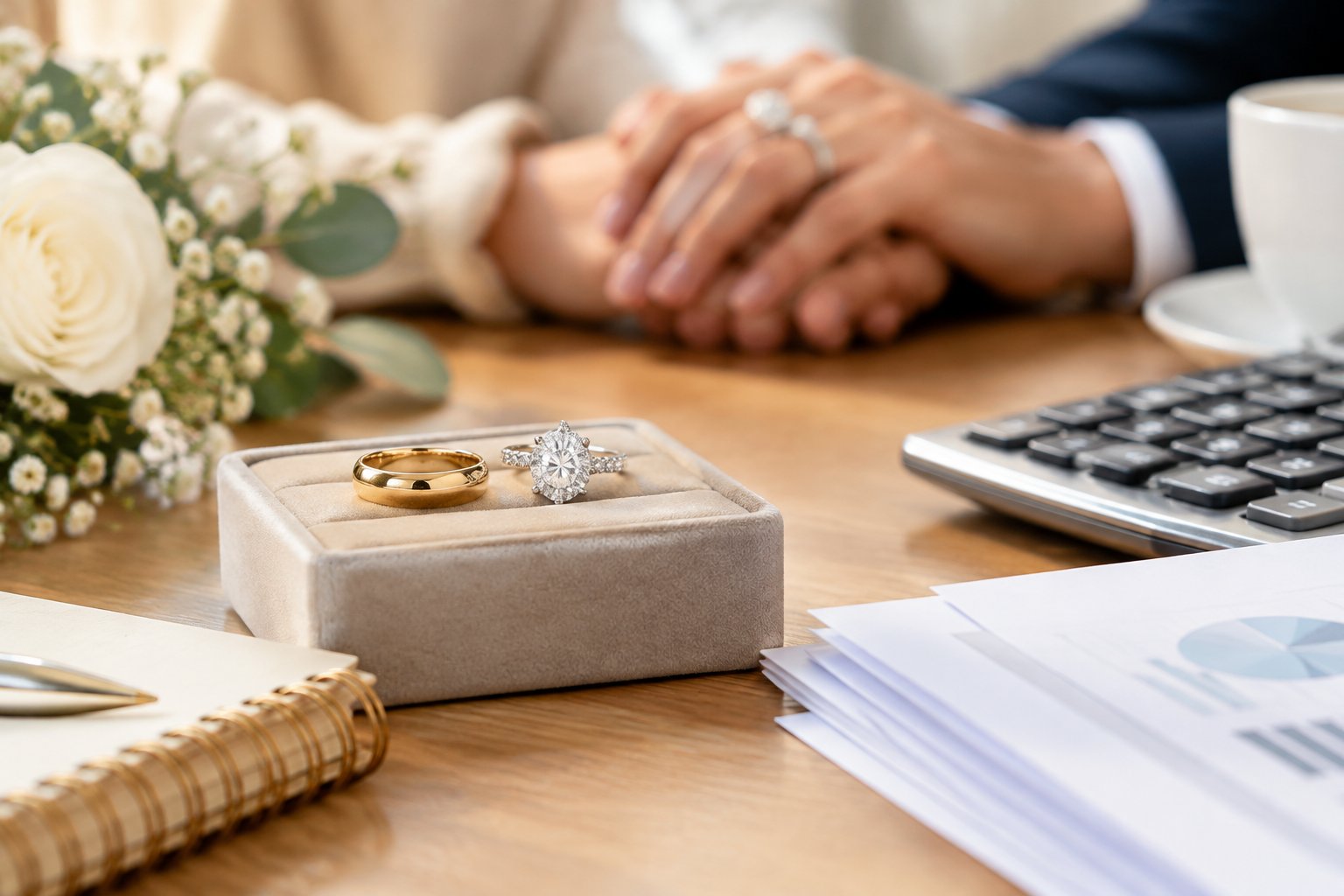 A wedding band and diamond engagement ring displayed beside wedding budgeting items, with a couple in the background.