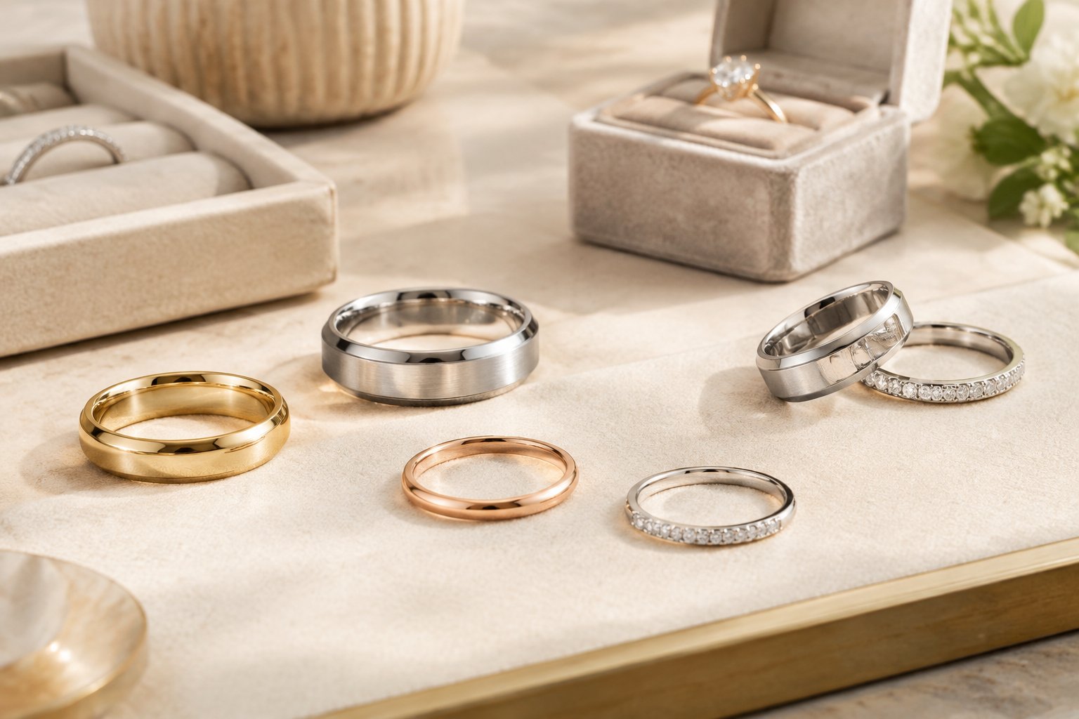 Several wedding rings arranged on a jewelry display beside a ring box.