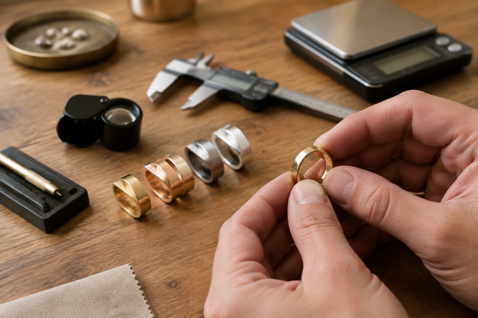A jeweler inspects a wedding band beside metal samples and precision jewelry tools.