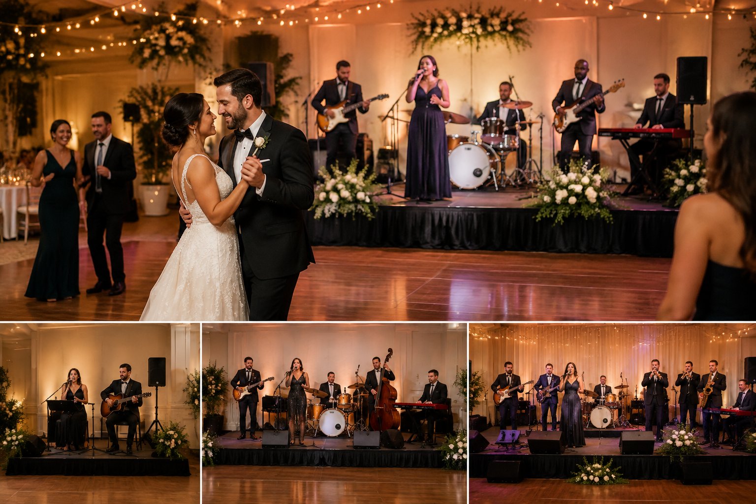 A bride and groom dance at a wedding reception while musicians perform on stage in several ensemble sizes.