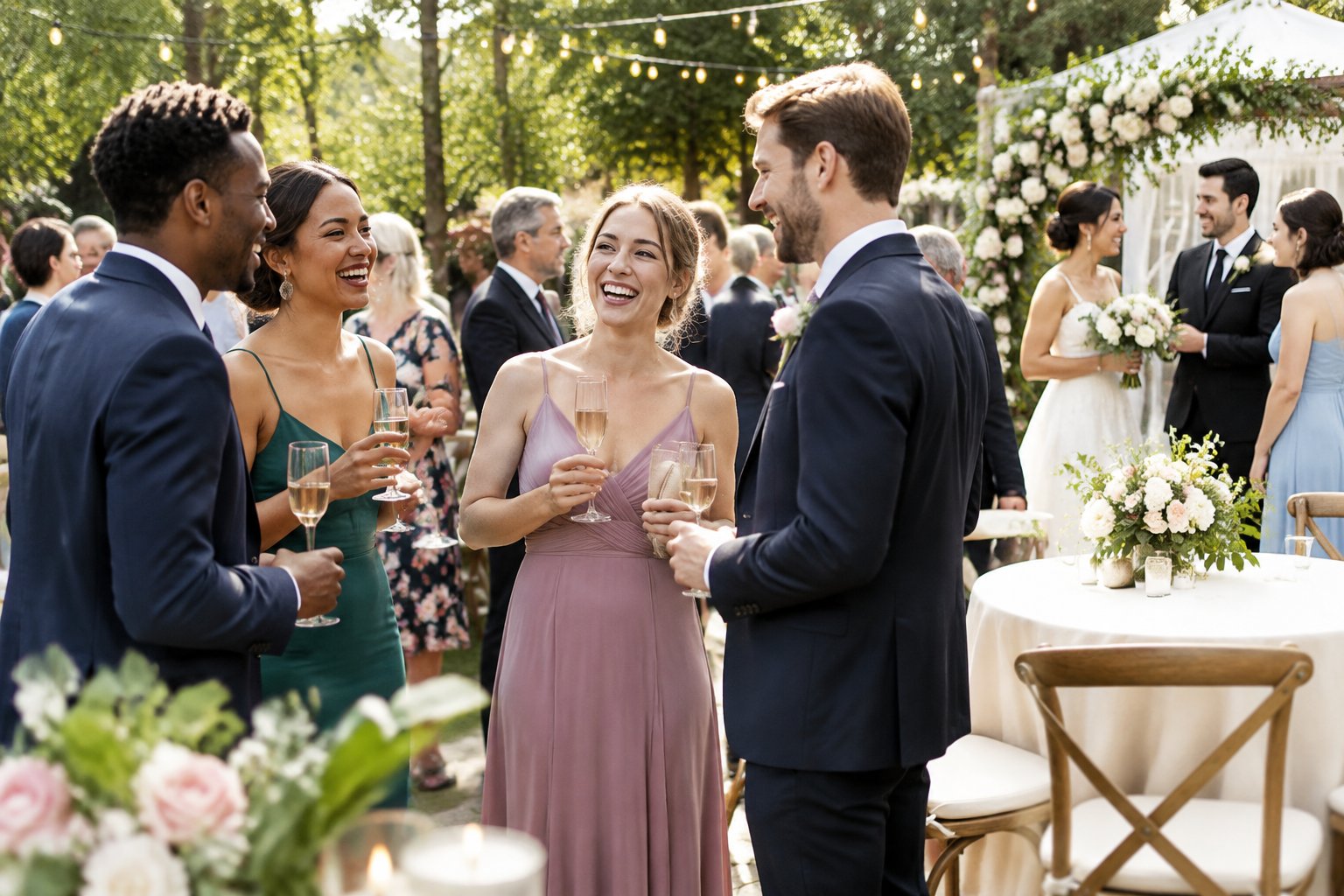 Guests enjoy festive activities and socialize at an elegant outdoor wedding celebration.