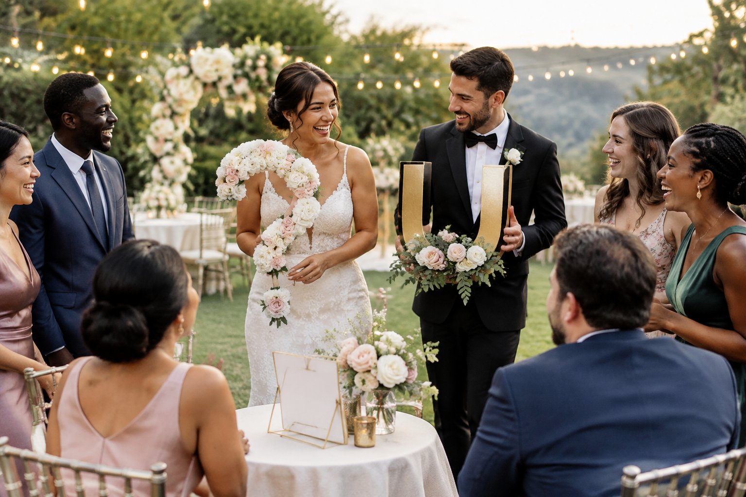 Newlyweds and wedding guests enjoy a playful alphabet-themed activity at a decorated garden reception.