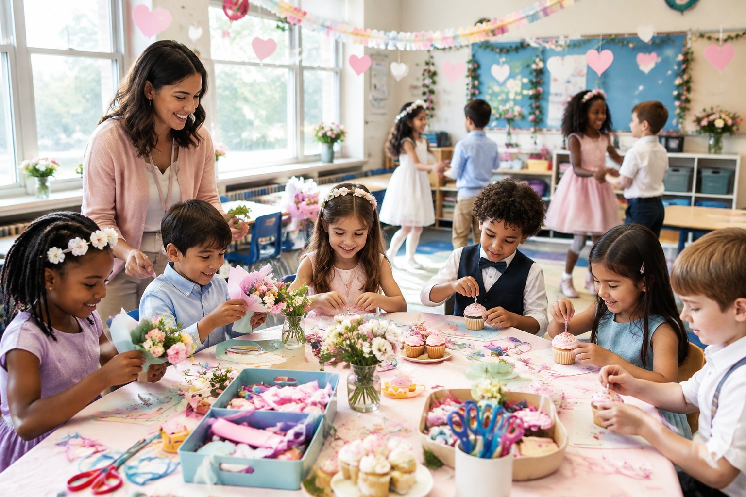 Children and a teacher enjoy wedding-themed crafts and activities in a decorated classroom.