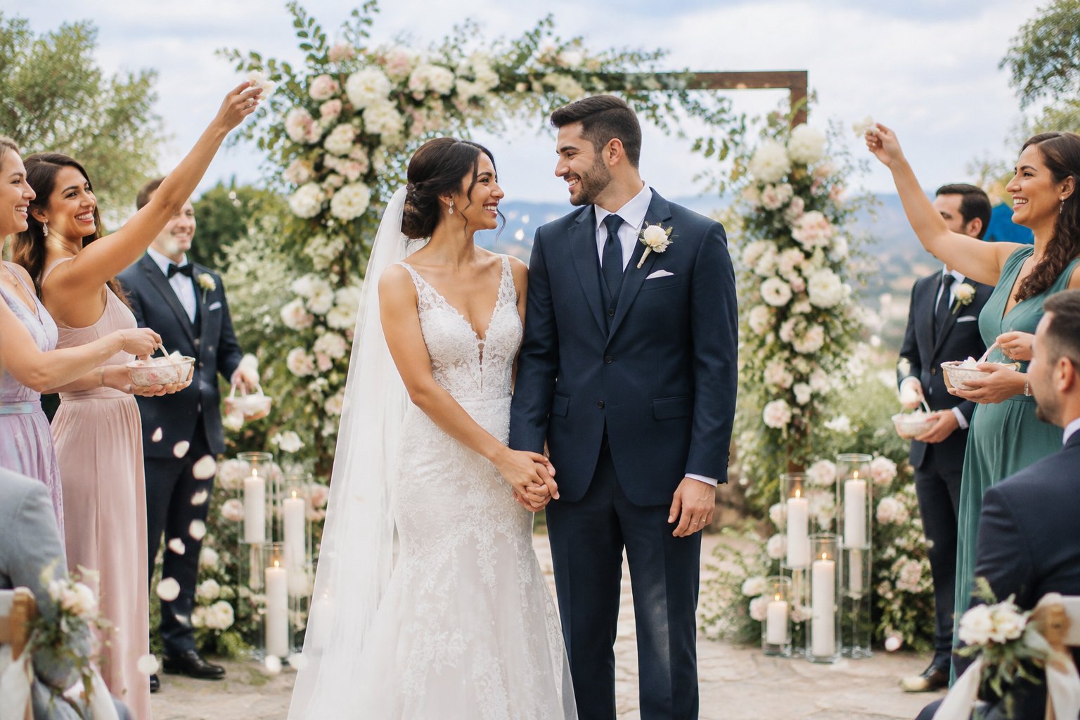 A newly married couple celebrates at an outdoor wedding ceremony surrounded by family and friends.
