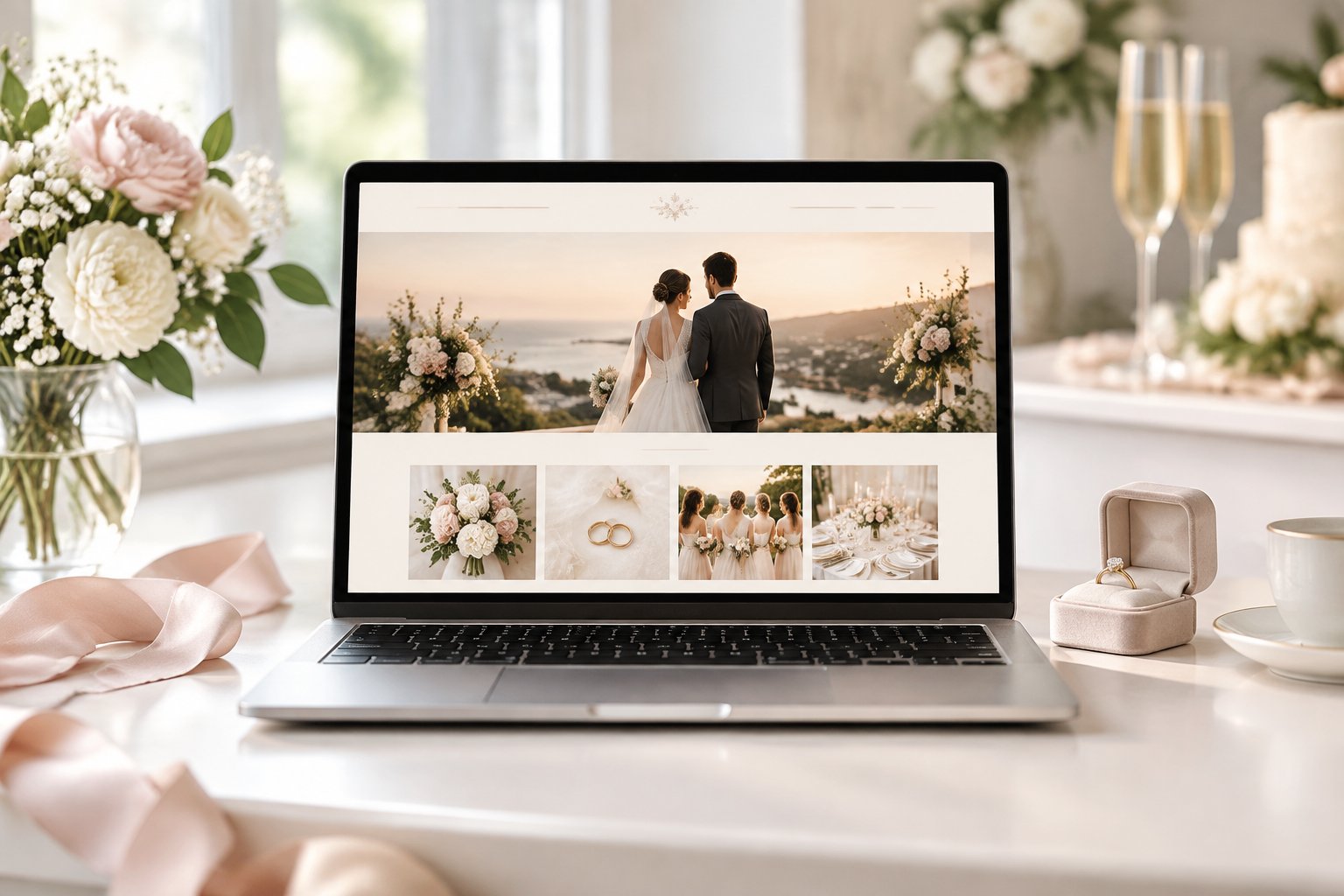 A laptop displaying an elegant wedding website surrounded by flowers and wedding accessories.