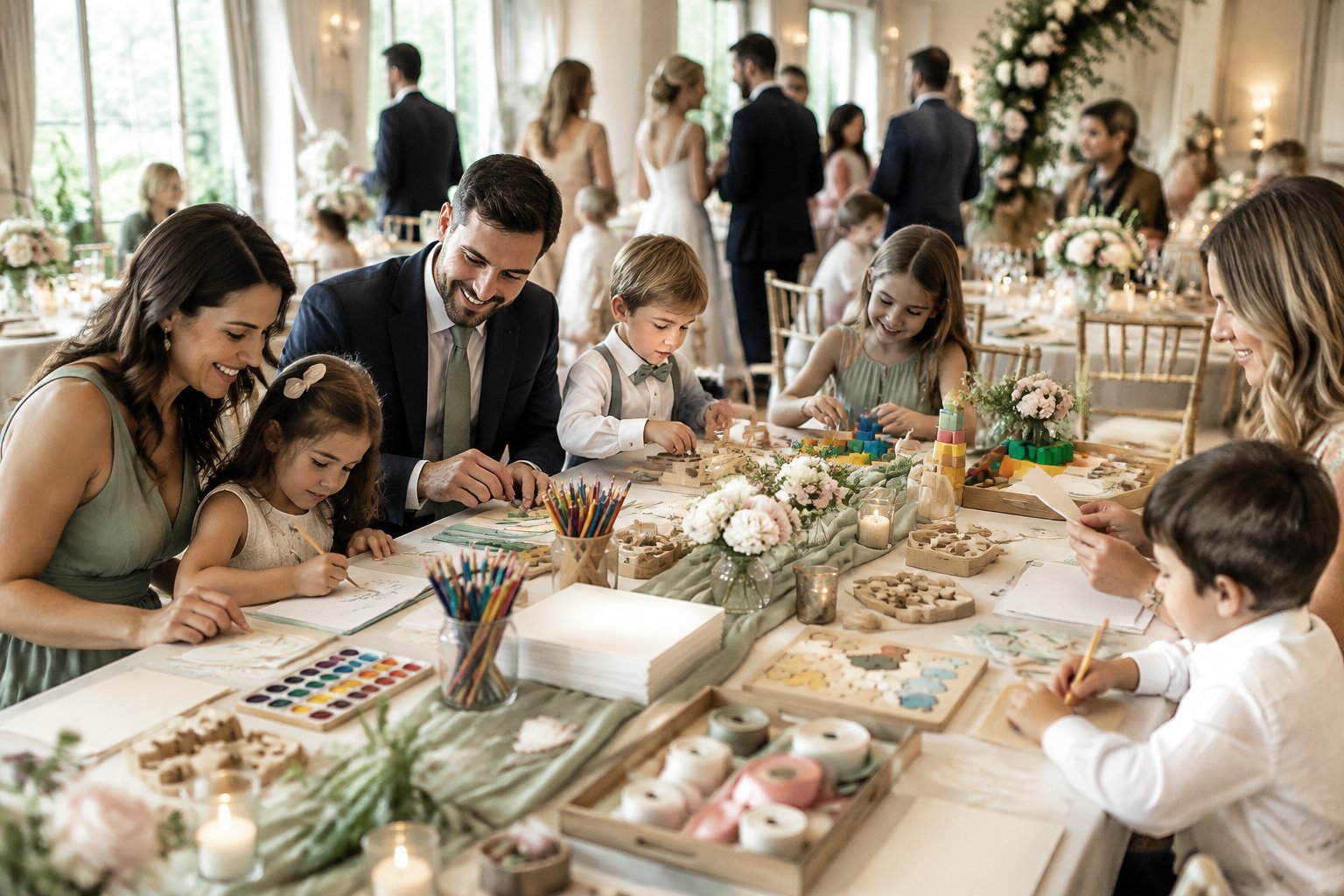 Guests of different ages enjoy crafts, games, and learning activities at a wedding reception.
