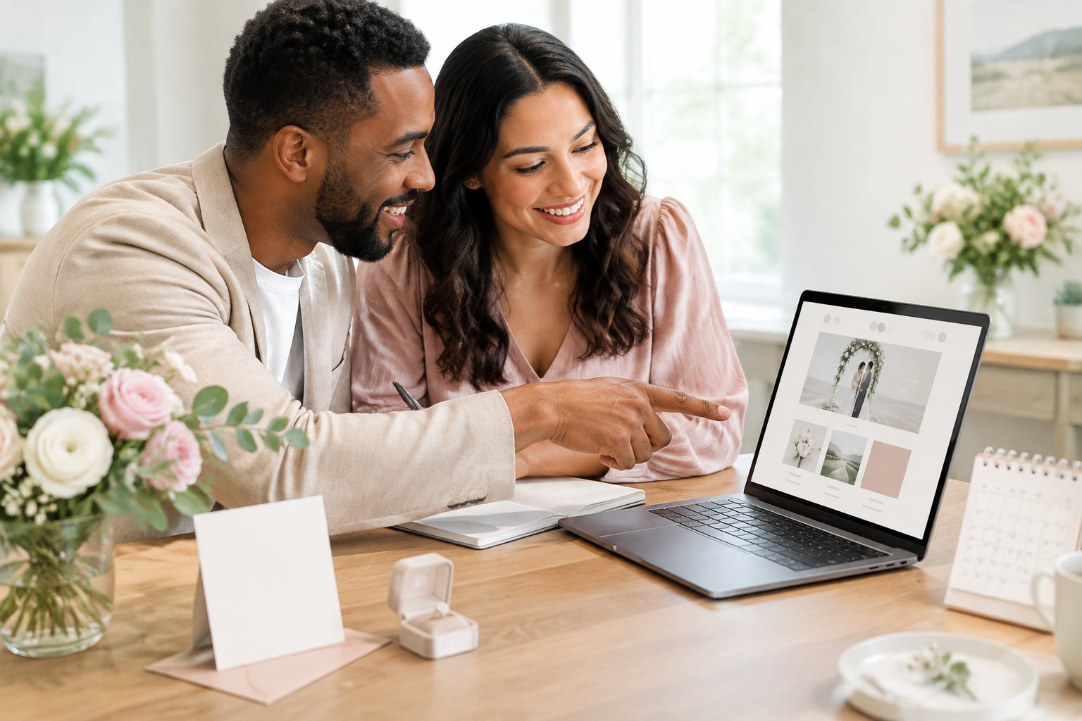 An engaged couple works together on a laptop while planning their wedding.