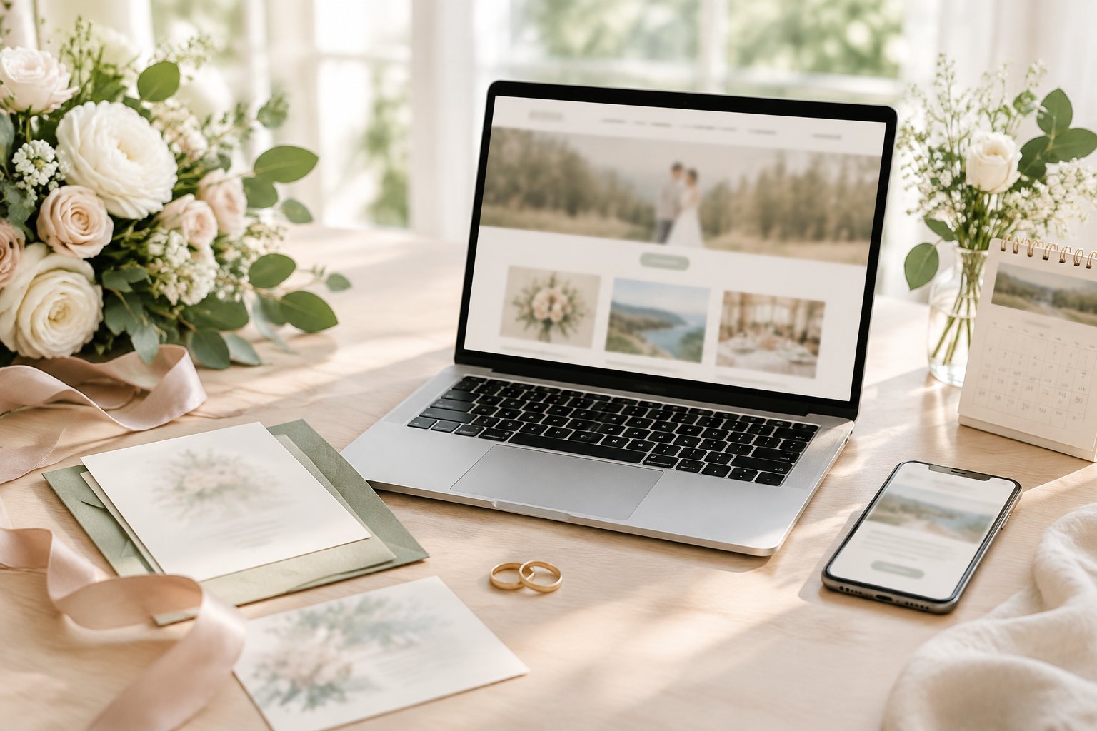 A laptop displaying a wedding website beside invitations, a calendar, flowers, and wedding rings.