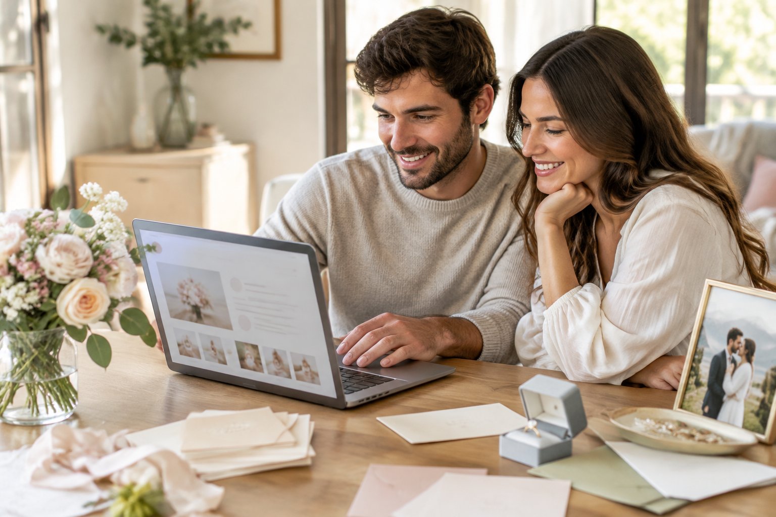 A couple customizes a wedding website together at a bright home workspace surrounded by flowers and wedding details.