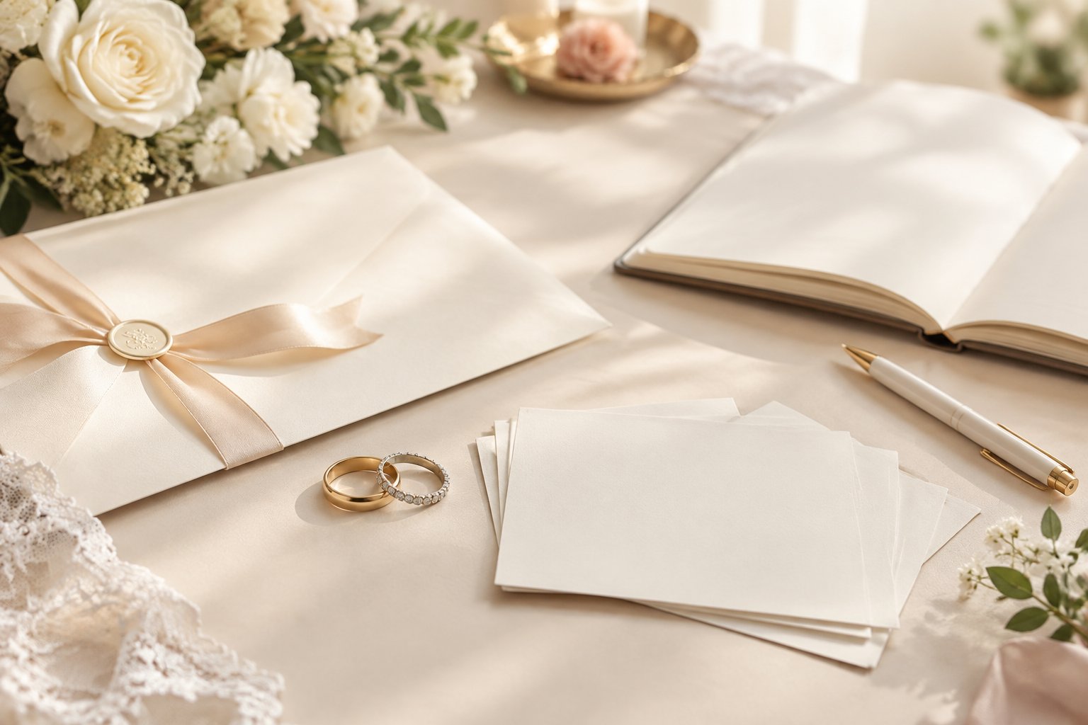 Wedding rings and blank cards arranged with flowers and a notebook on a table.