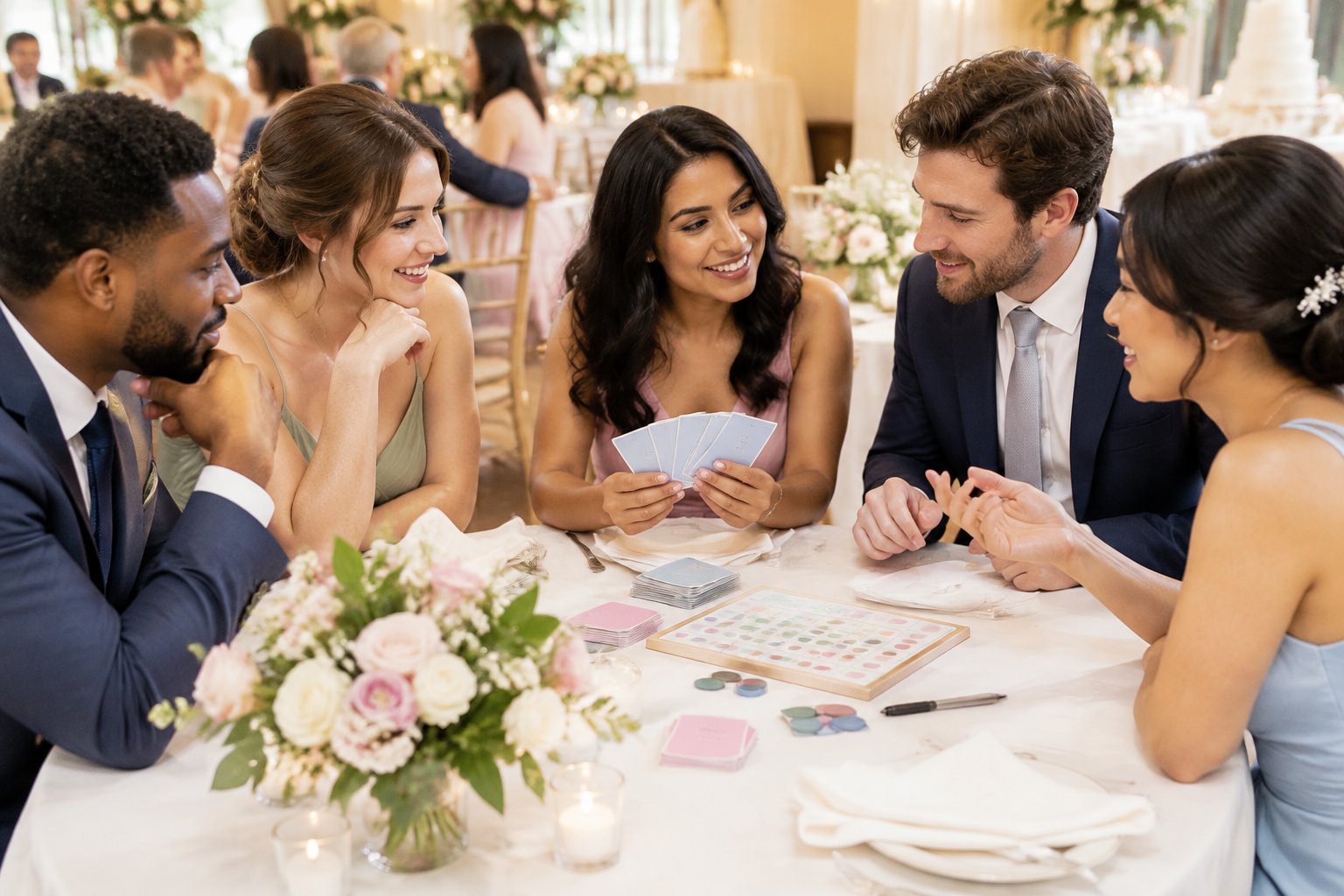 Wedding guests gather around a table to choose a game for the reception.