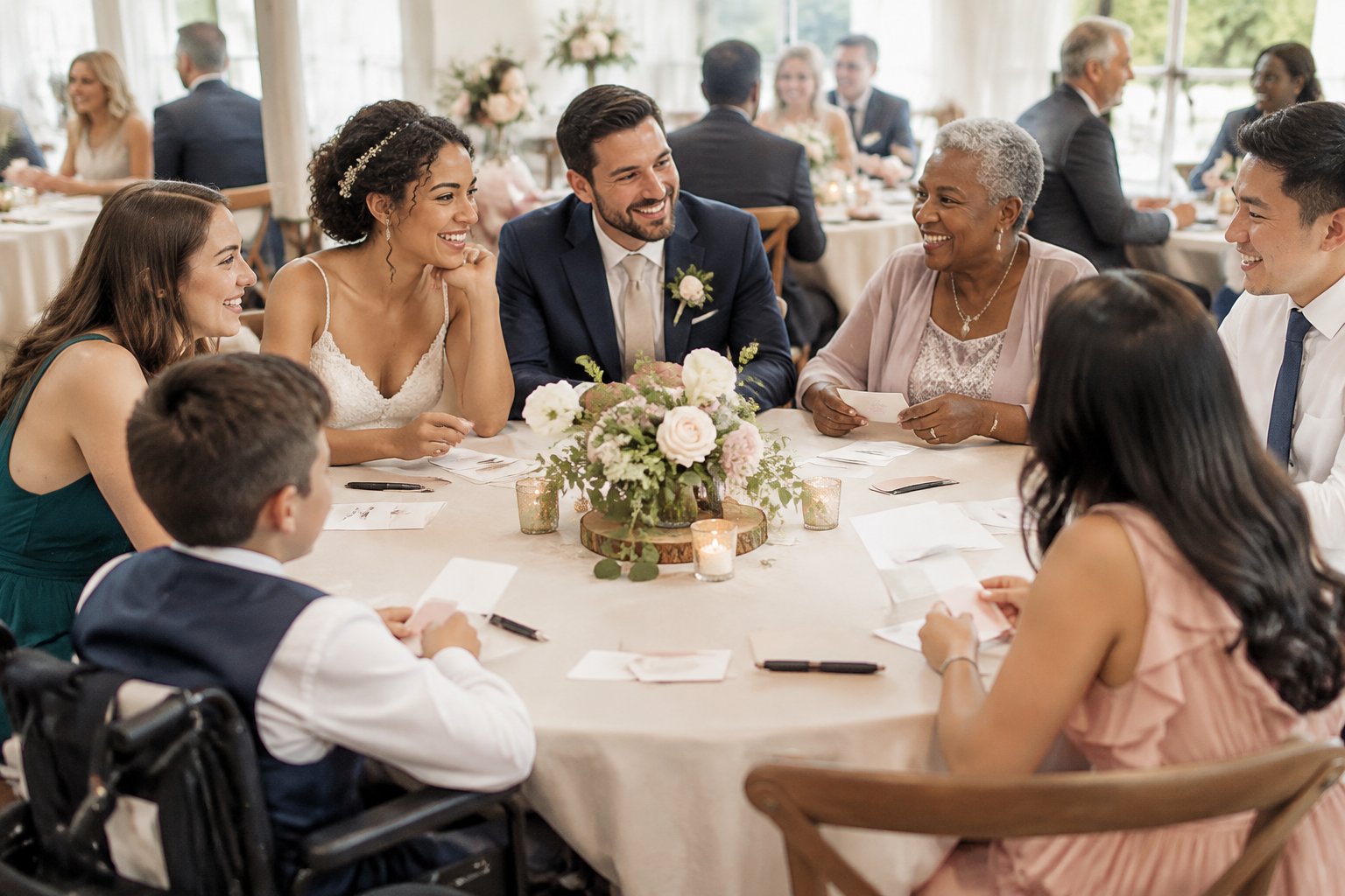 Wedding guests of diverse backgrounds enjoy an inclusive question game together at a decorated reception table.